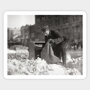 Mailman in the Snow, 1922. Vintage Photo Sticker